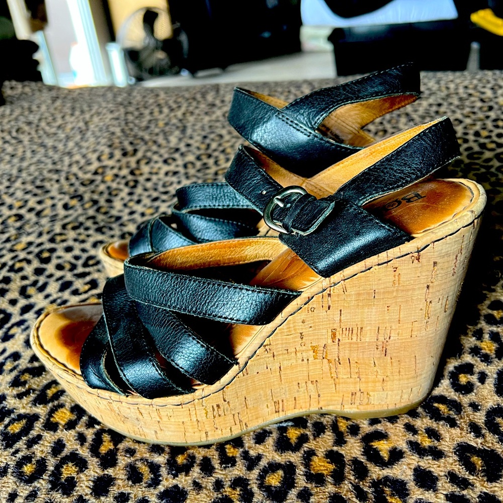 BORN cork wedge sandals.  Size 8.  Black stappy leather upper.